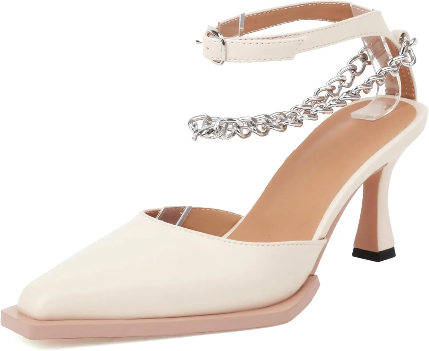 Women Mid Heels Patent Chain Court Shoes Closed Toe Stiletto Heel Mary Jane Elegant Pointed Toe Pumps
