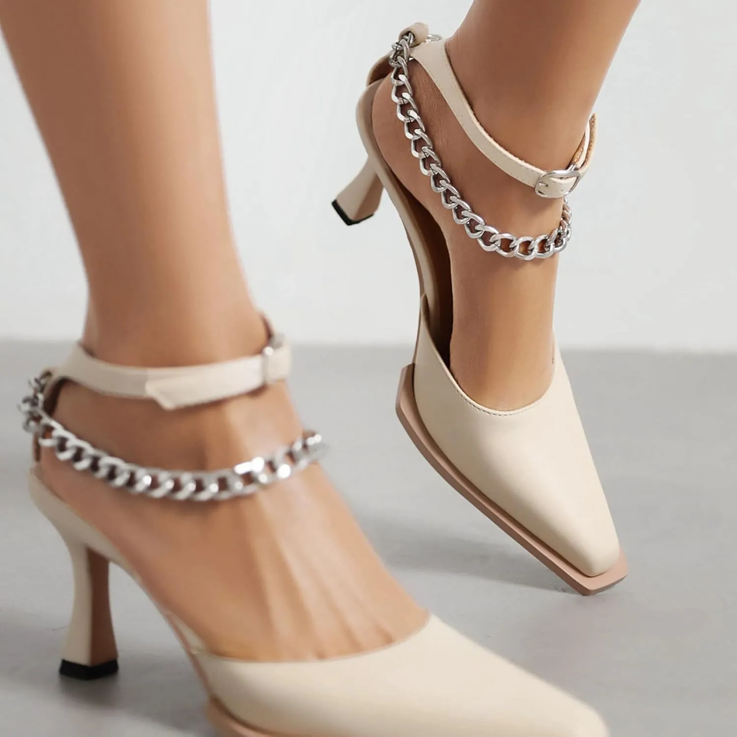 Women Mid Heels Patent Chain Court Shoes Closed Toe Stiletto Heel Mary Jane Elegant Pointed Toe Pumps