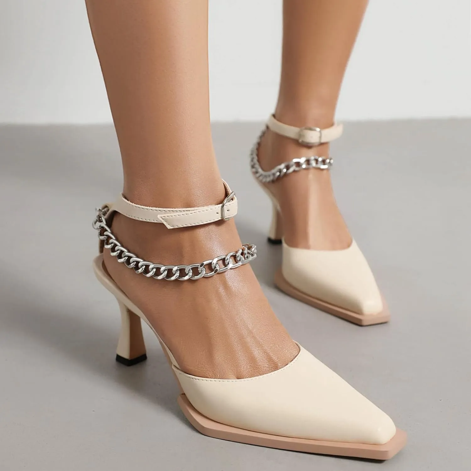 Women Mid Heels Patent Chain Court Shoes Closed Toe Stiletto Heel Mary Jane Elegant Pointed Toe Pumps