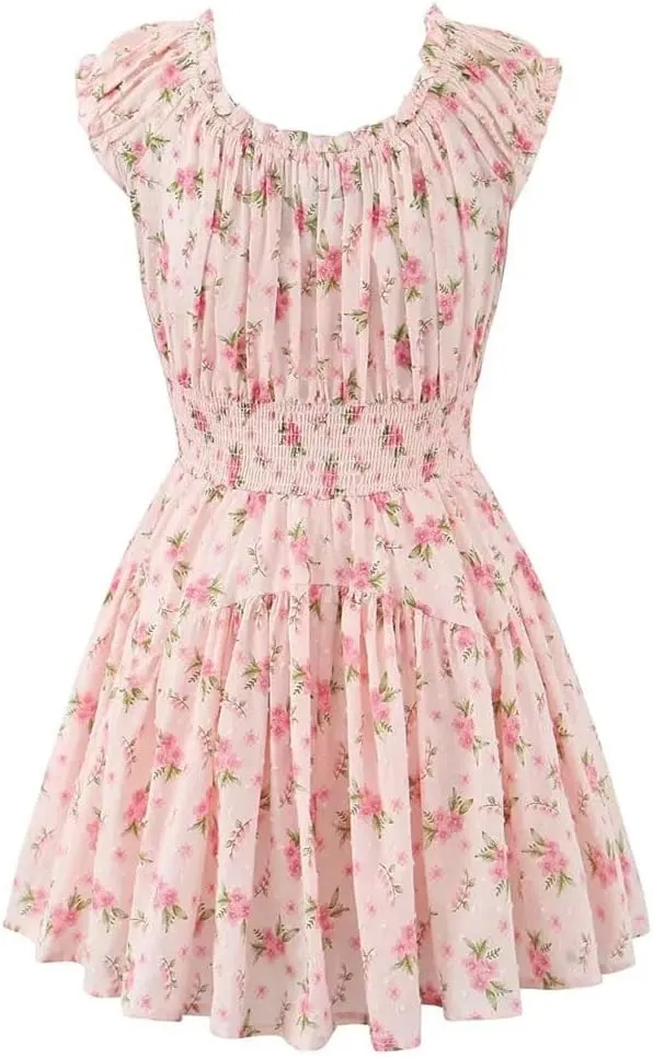 Women Off Shoulder Mini Dress Flower Print Folds Elastic Waist A-Line Holiday Robe