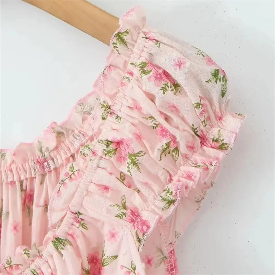 Women Off Shoulder Mini Dress Flower Print Folds Elastic Waist A-Line Holiday Robe