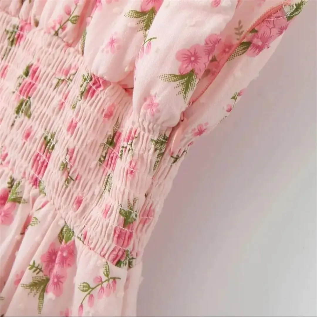 Women Off Shoulder Mini Dress Flower Print Folds Elastic Waist A-Line Holiday Robe