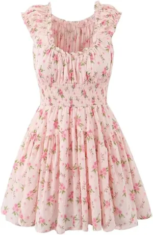 Women Off Shoulder Mini Dress Flower Print Folds Elastic Waist A-Line Holiday Robe