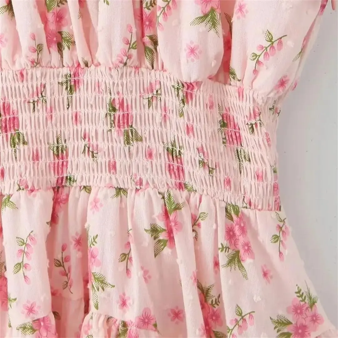 Women Off Shoulder Mini Dress Flower Print Folds Elastic Waist A-Line Holiday Robe