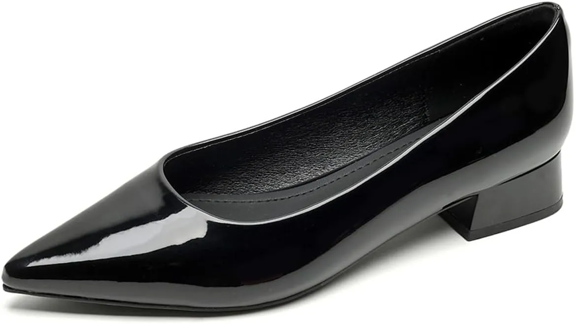 Women Patent Leather Pointed Toe Low Chucky Heel Pumps Sexy Shallow Mouth Comfy Basic Slip On Block Heel Casual Office Work Dress Court Shoes