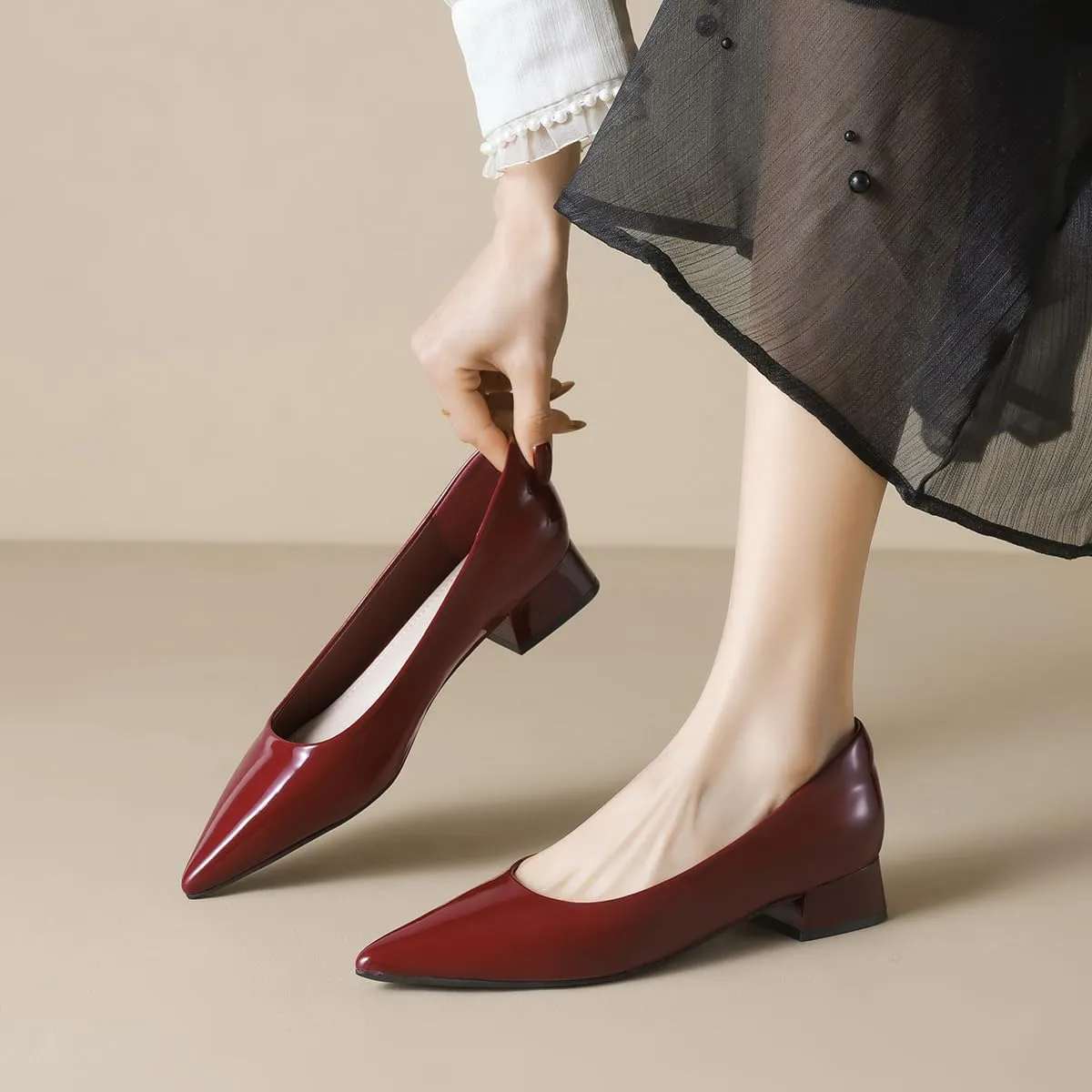 Women Patent Leather Pointed Toe Low Chucky Heel Pumps Sexy Shallow Mouth Comfy Basic Slip On Block Heel Casual Office Work Dress Court Shoes