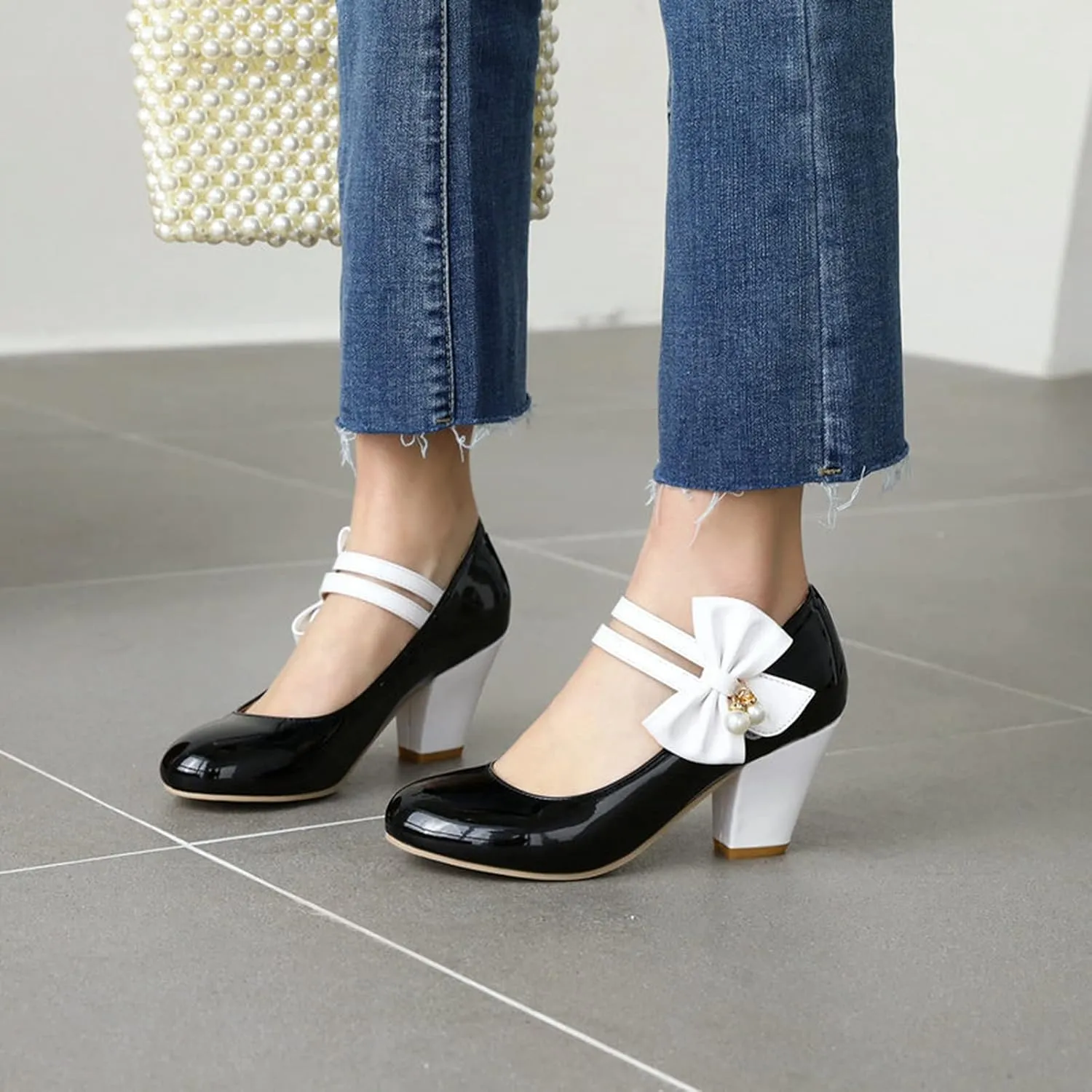 Women Round Toe Mary Jane Pumps Ankle Strap Sweet Bow Patchwork Elegant Chunky High Heel Dress Shoes