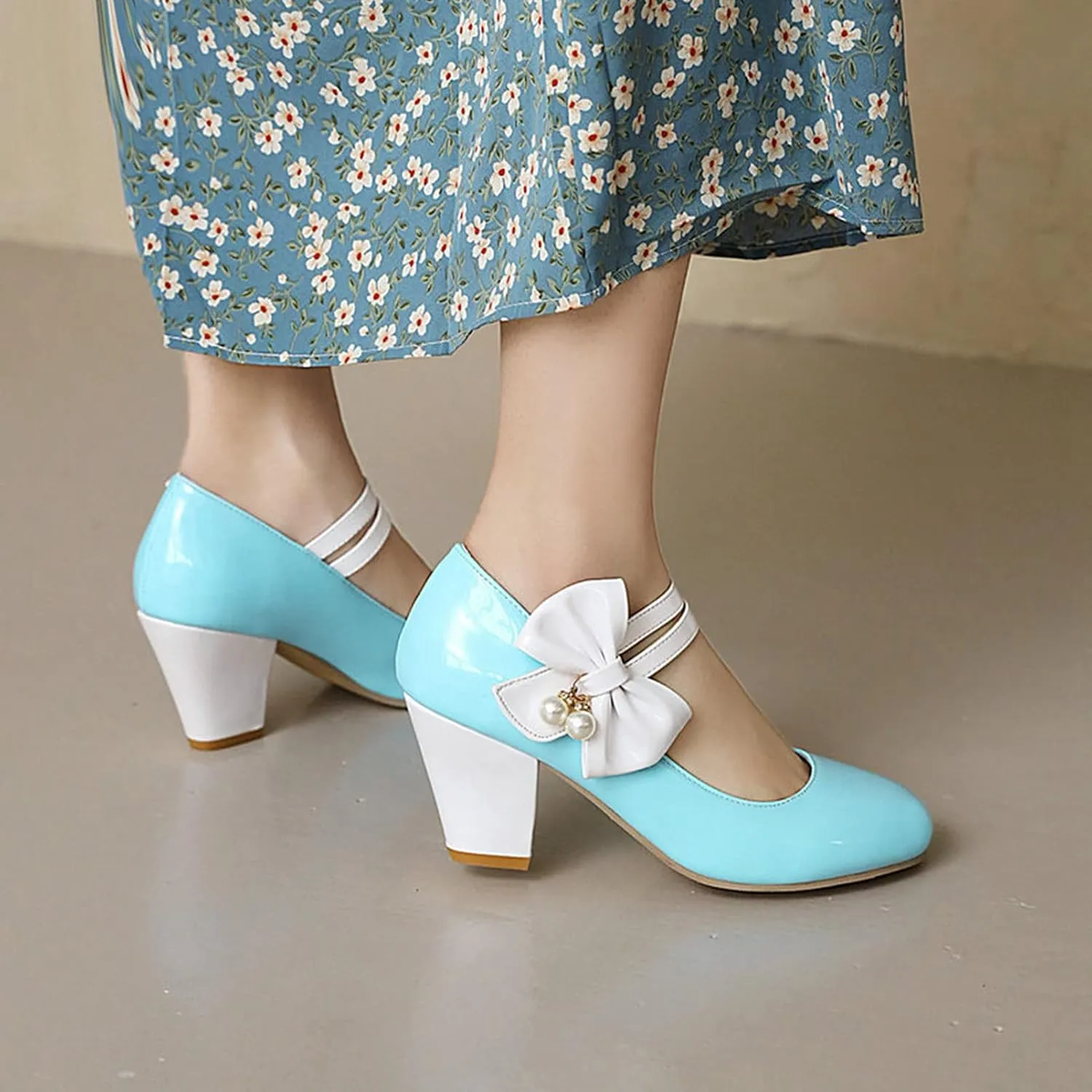 Women Round Toe Mary Jane Pumps Ankle Strap Sweet Bow Patchwork Elegant Chunky High Heel Dress Shoes
