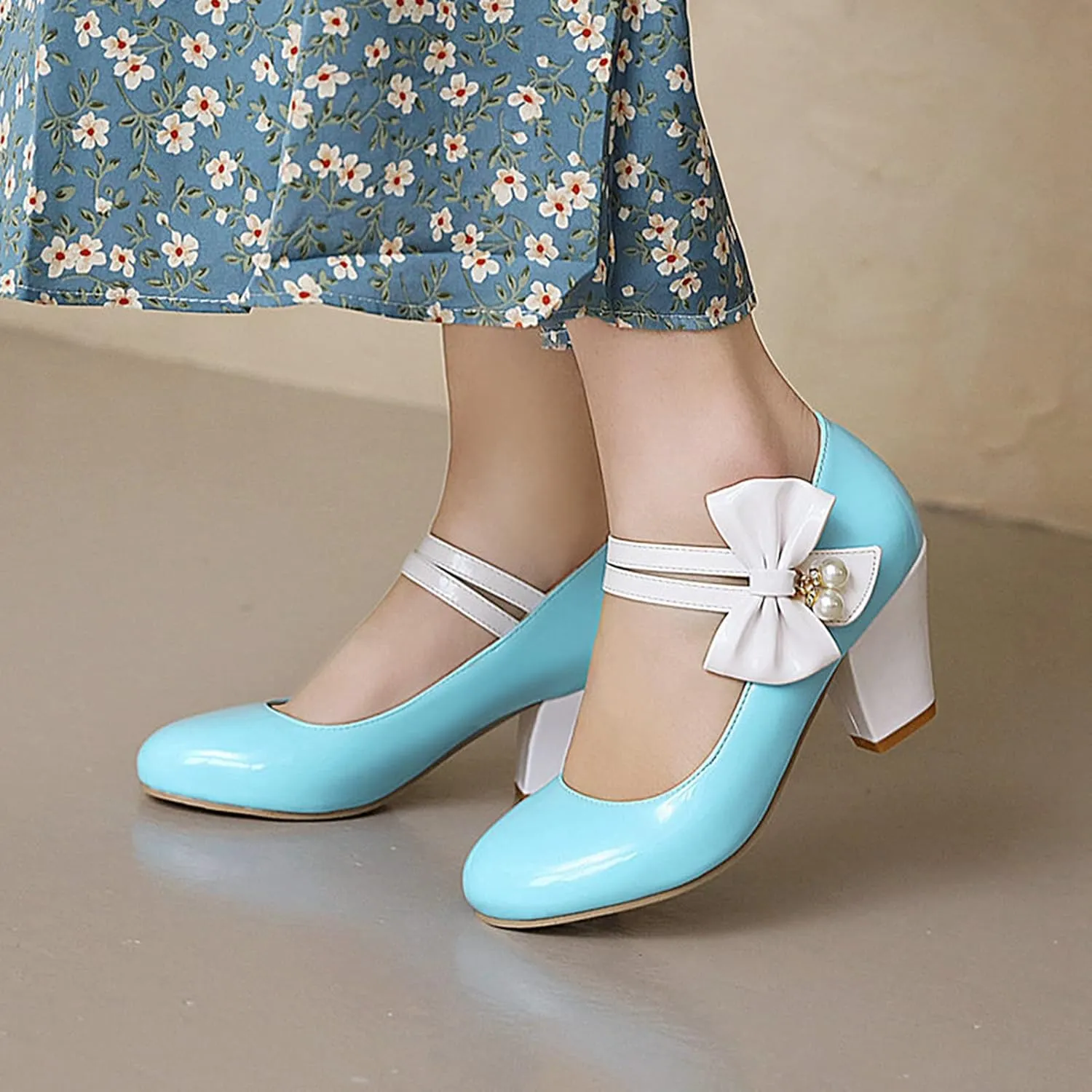 Women Round Toe Mary Jane Pumps Ankle Strap Sweet Bow Patchwork Elegant Chunky High Heel Dress Shoes