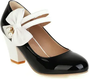 Women Round Toe Mary Jane Pumps Ankle Strap Sweet Bow Patchwork Elegant Chunky High Heel Dress Shoes