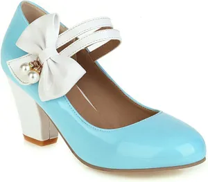 Women Round Toe Mary Jane Pumps Ankle Strap Sweet Bow Patchwork Elegant Chunky High Heel Dress Shoes