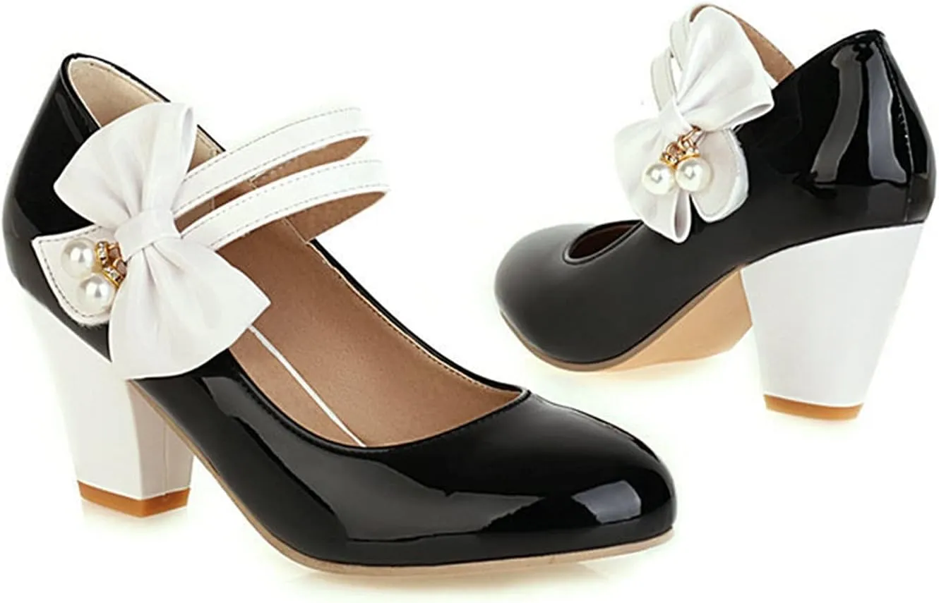 Women Round Toe Mary Jane Pumps Ankle Strap Sweet Bow Patchwork Elegant Chunky High Heel Dress Shoes