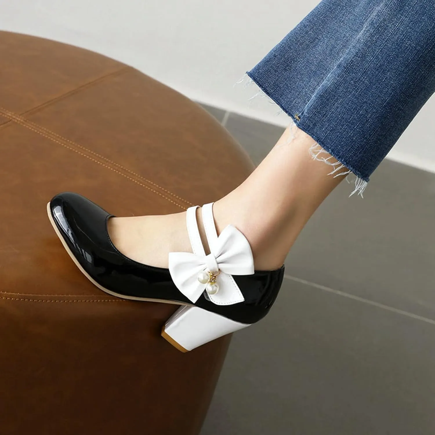 Women Round Toe Mary Jane Pumps Ankle Strap Sweet Bow Patchwork Elegant Chunky High Heel Dress Shoes