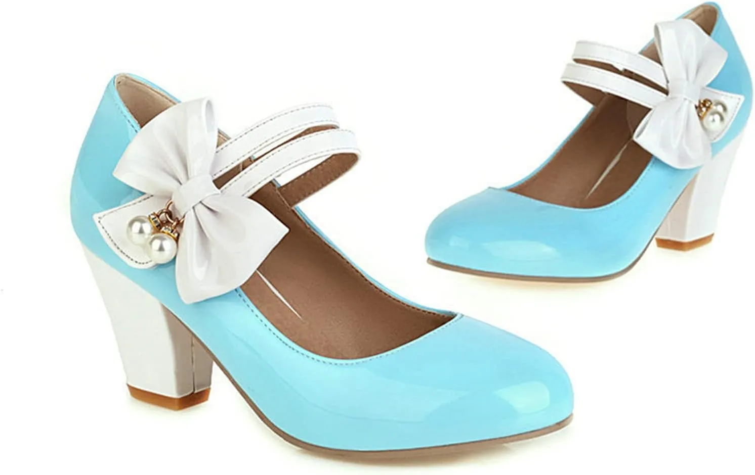 Women Round Toe Mary Jane Pumps Ankle Strap Sweet Bow Patchwork Elegant Chunky High Heel Dress Shoes