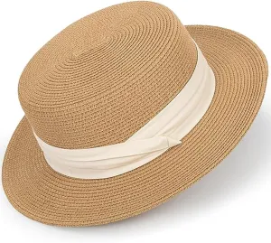 Women Spring Flat-Boater-Hat Thick-Straw-Hat Fall Sun-Hat Summer-Beach Fedora-Hat Medium
