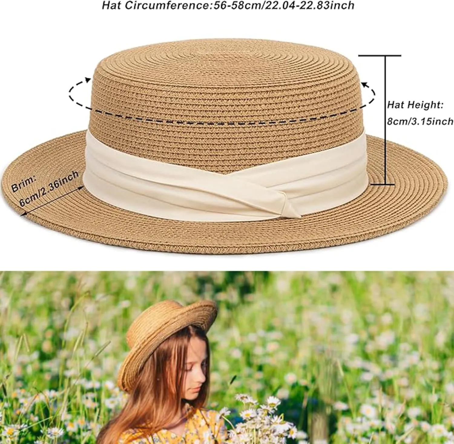Women Spring Flat-Boater-Hat Thick-Straw-Hat Fall Sun-Hat Summer-Beach Fedora-Hat Medium