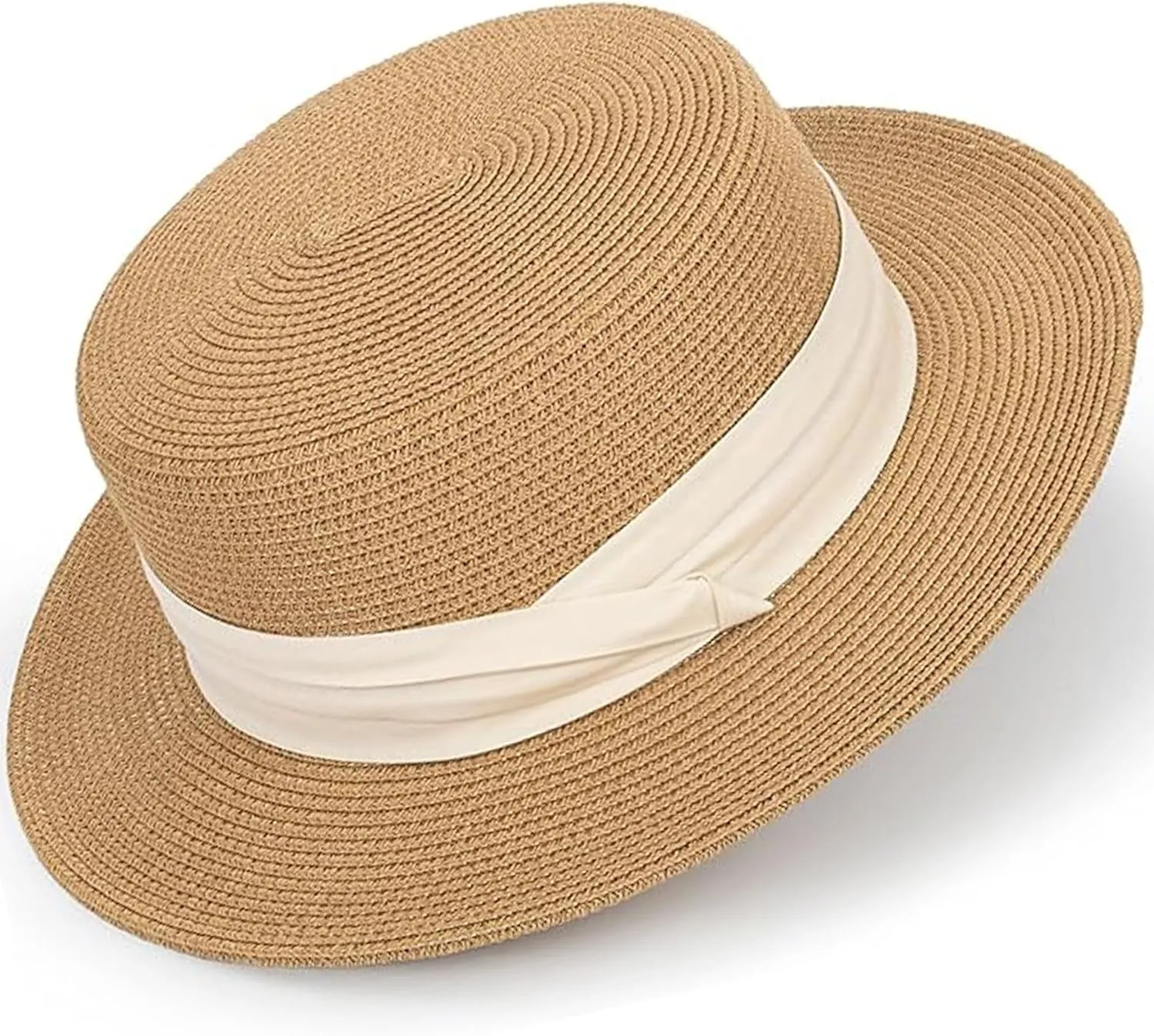 Women Spring Flat-Boater-Hat Thick-Straw-Hat Fall Sun-Hat Summer-Beach Fedora-Hat Medium
