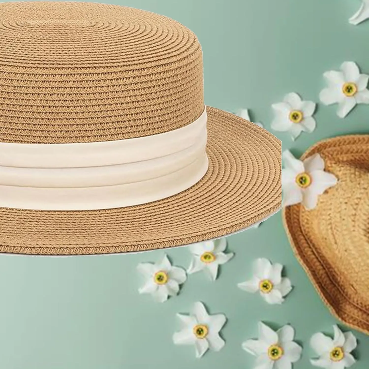 Women Spring Flat-Boater-Hat Thick-Straw-Hat Fall Sun-Hat Summer-Beach Fedora-Hat Medium
