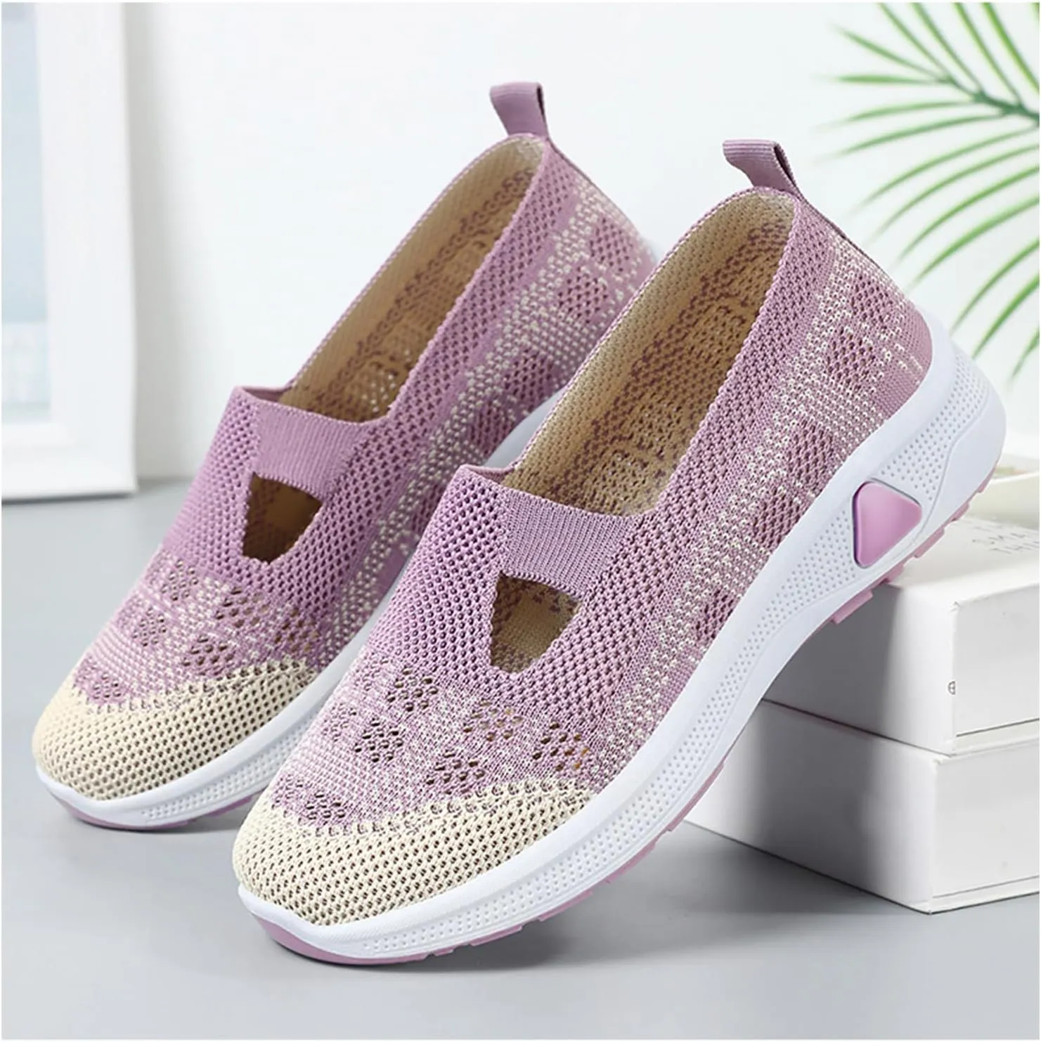 Women Walking Shoes Slip On Comfortable Women's Woven Orthopedic Breathable Soft Sole Shoes Hands Free Slip in Sneakers for Walking Trave