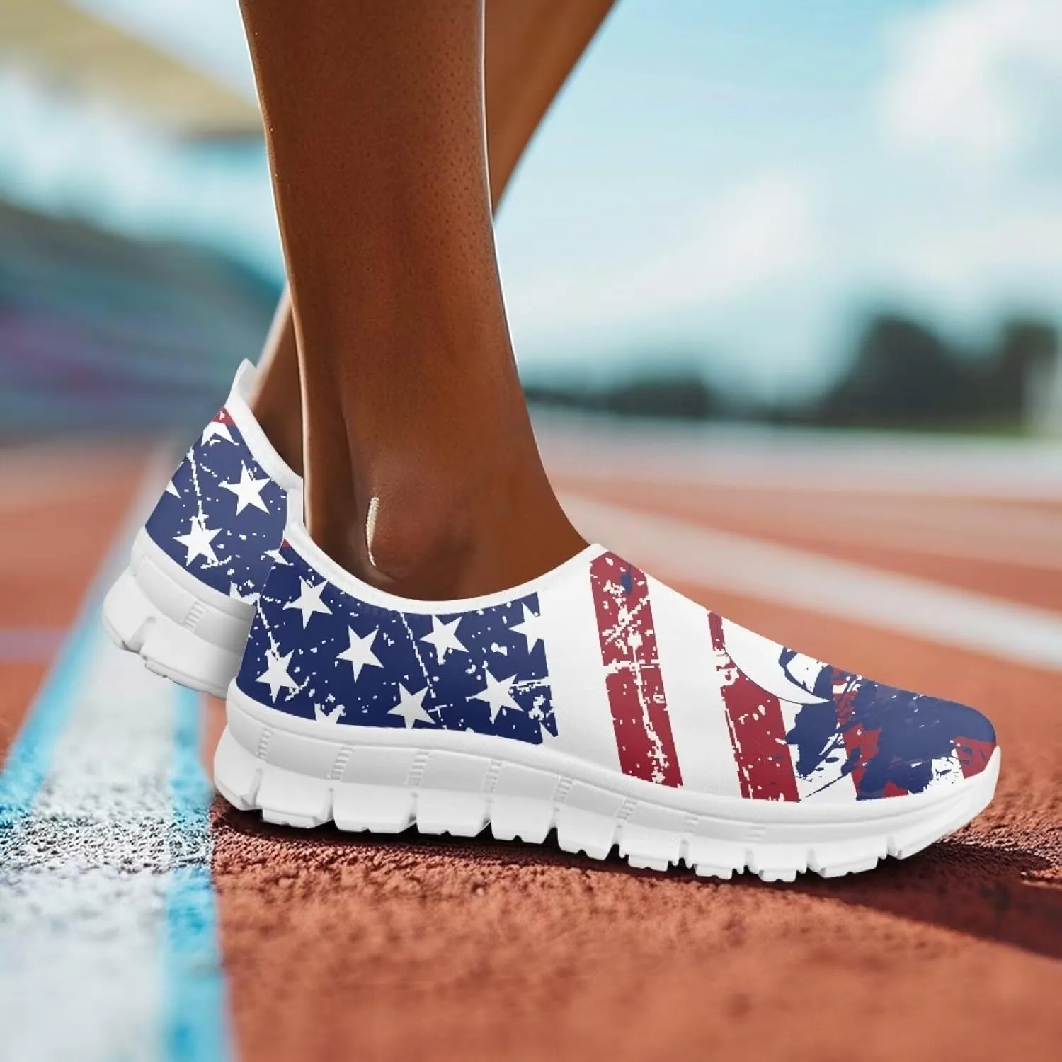 Women's American Flag Sneaker Slip On Low Top Soft Casual Breathable Mesh Outdoor Lightweight Flat Walking Sneaker