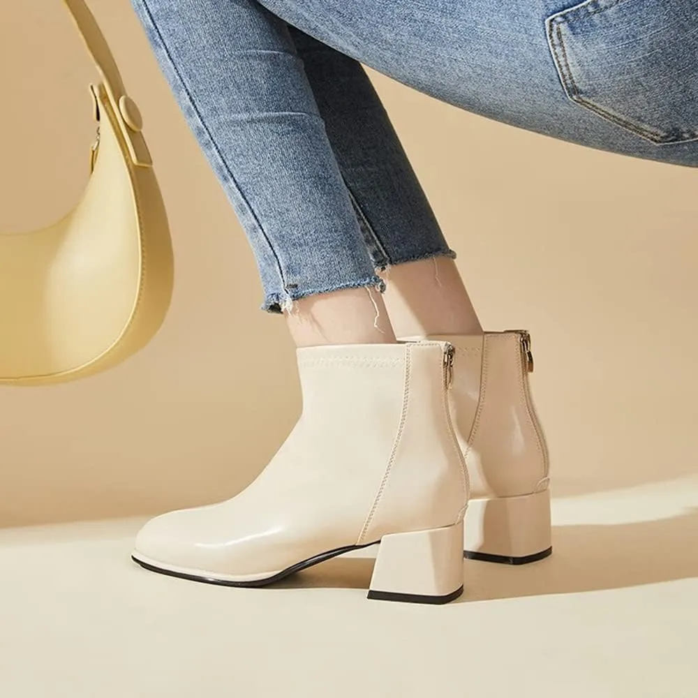 Women's Ankle Boots,Zipper Casual Short Booties for Women Full Grain Cowhide Chunky Heel Boots
