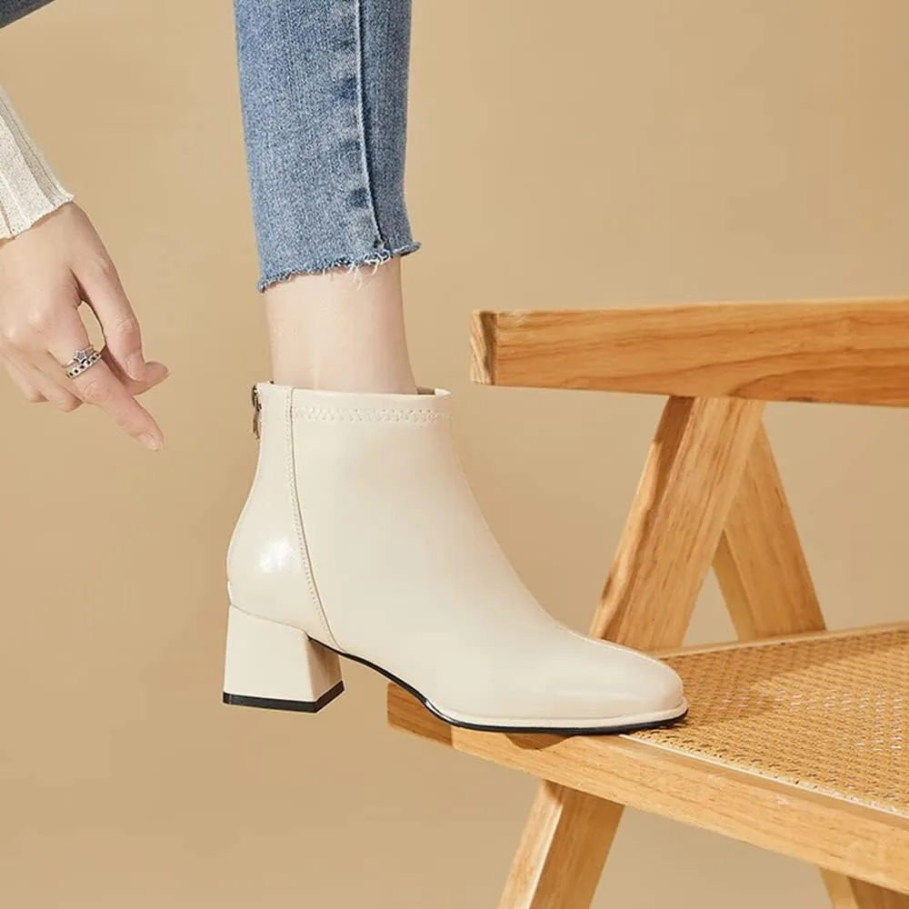 Women's Ankle Boots,Zipper Casual Short Booties for Women Full Grain Cowhide Chunky Heel Boots