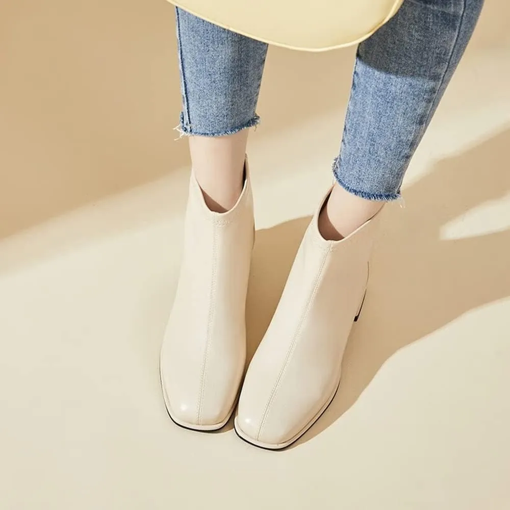 Women's Ankle Boots,Zipper Casual Short Booties for Women Full Grain Cowhide Chunky Heel Boots