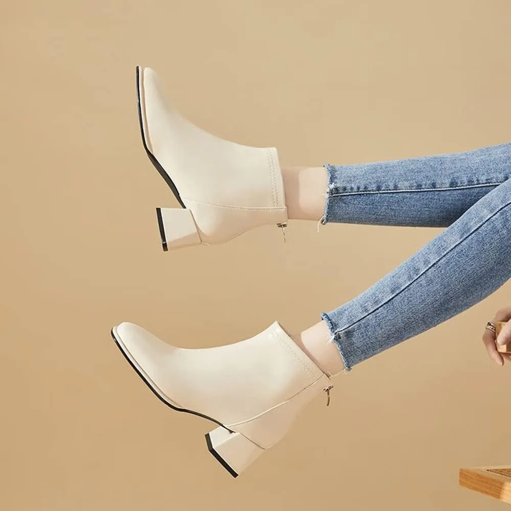Women's Ankle Boots,Zipper Casual Short Booties for Women Full Grain Cowhide Chunky Heel Boots