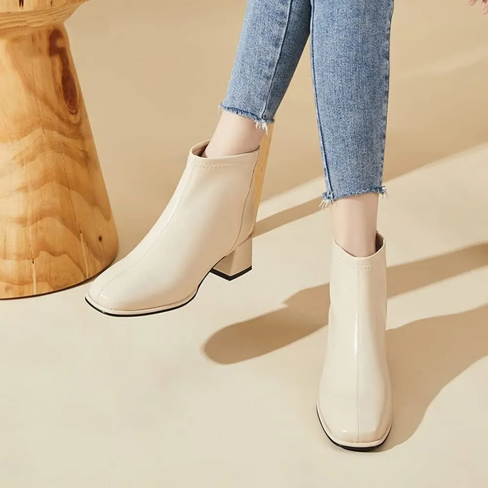 Women's Ankle Boots,Zipper Casual Short Booties for Women Full Grain Cowhide Chunky Heel Boots