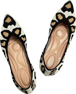 Women's Ballet Flats Comfort Breathable Mesh Knit Leopard Black Pointed Toe Slip On Shoes