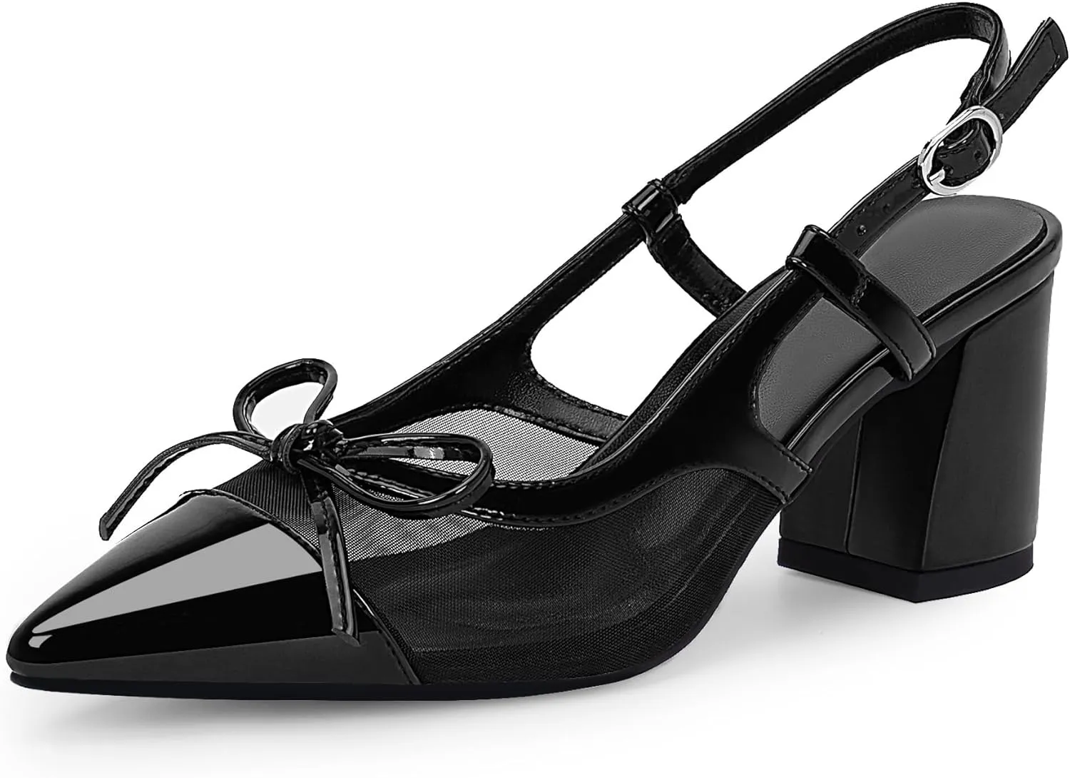 Women’s Black Pointed Toe High Heels – Elegant Mesh Bowknot Block Heel Pumps with Ankle Strap for Party Wedding Office Wear