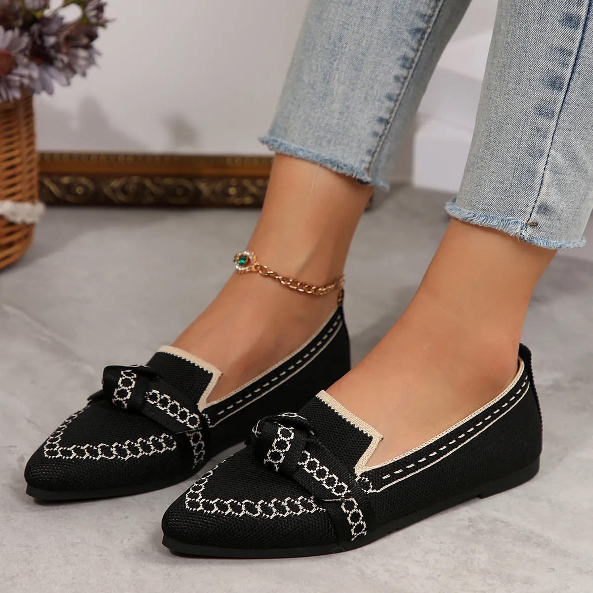 Women’s Bowknot Flat Shoes – Breathable Casual Fabric Slip-Ons