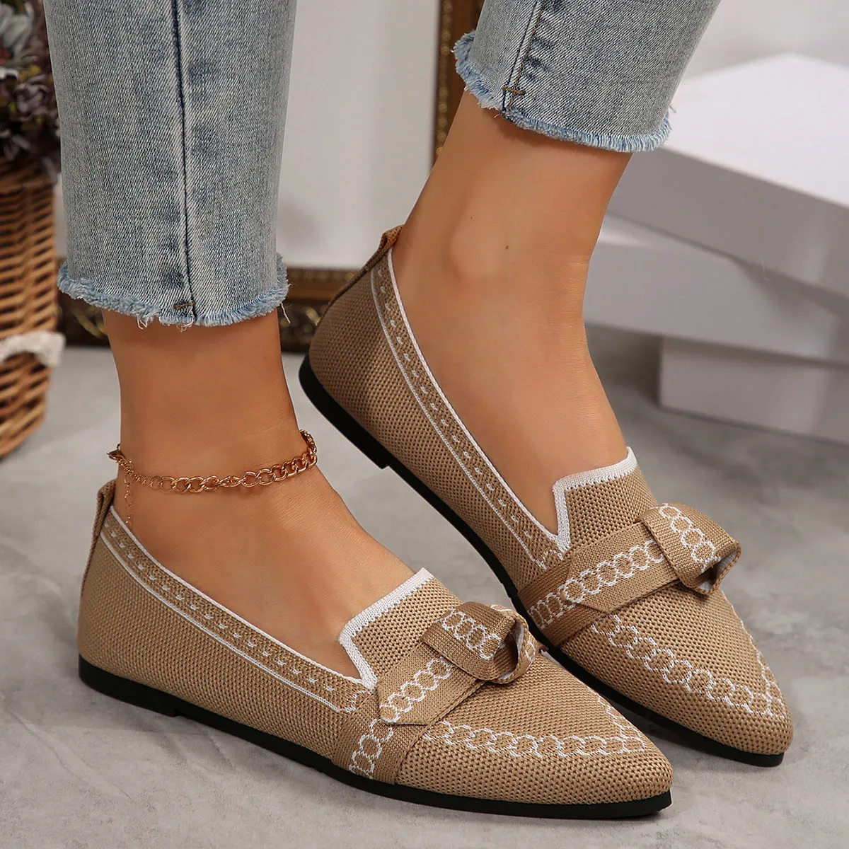 Women’s Bowknot Flat Shoes – Breathable Casual Fabric Slip-Ons