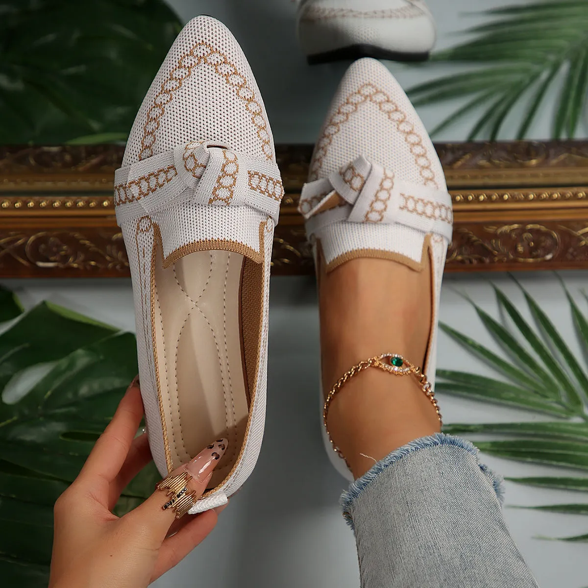Women’s Bowknot Flat Shoes – Breathable Casual Fabric Slip-Ons
