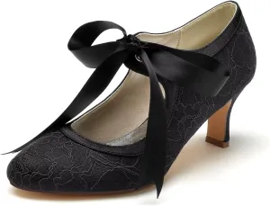 Women's Bridal Wedding Heels - Satin Stiletto Pumps with Lace & Ribbon Tie, Closed Toe Elegant Shoes for Bride, Bridesmaid Ceremony & Reception
