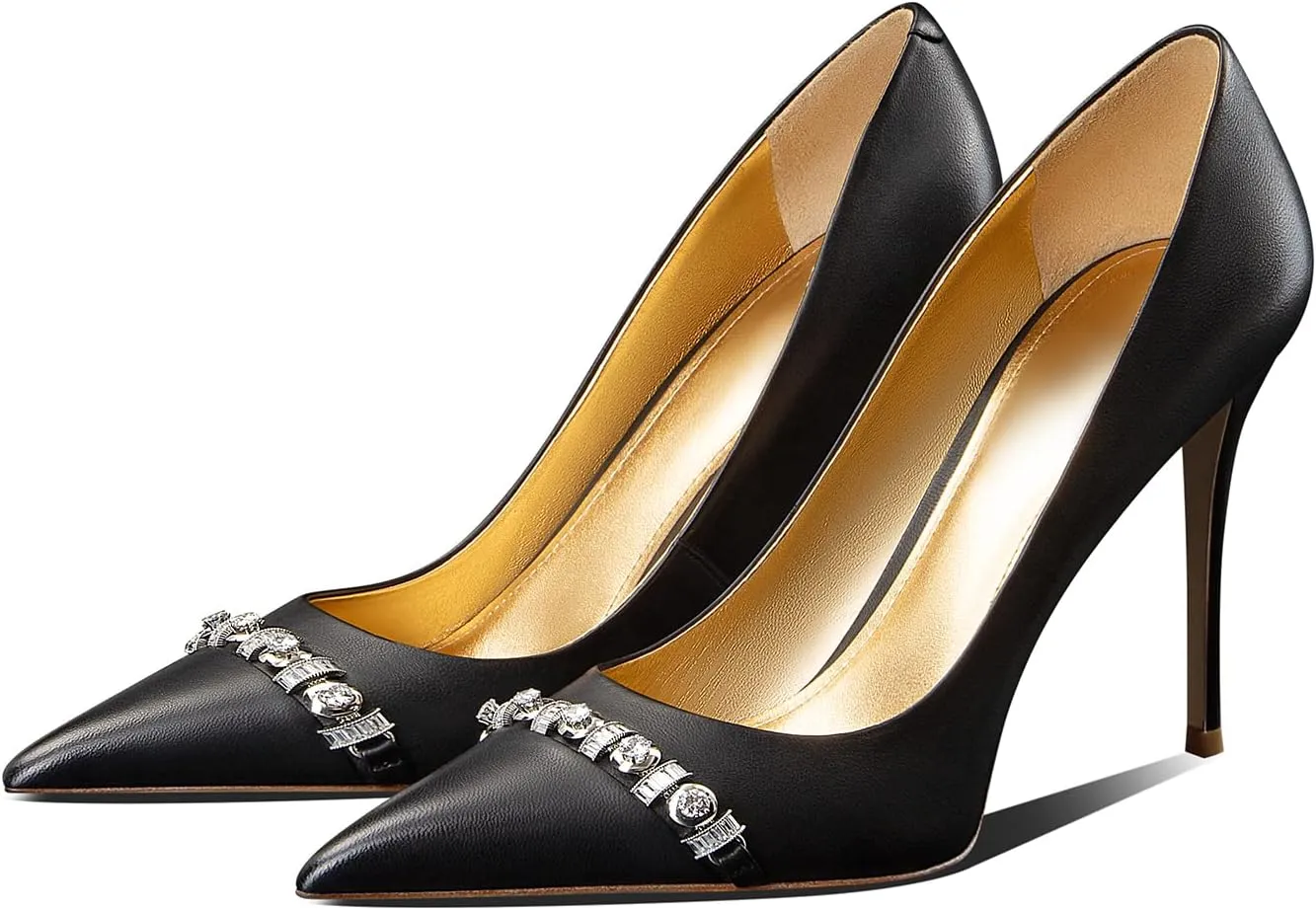 Womens Classic Pointed Toe Stiletto High Heel Pumps with Rhinestone Buckle,3.54In Party Wedding Dress Shoes