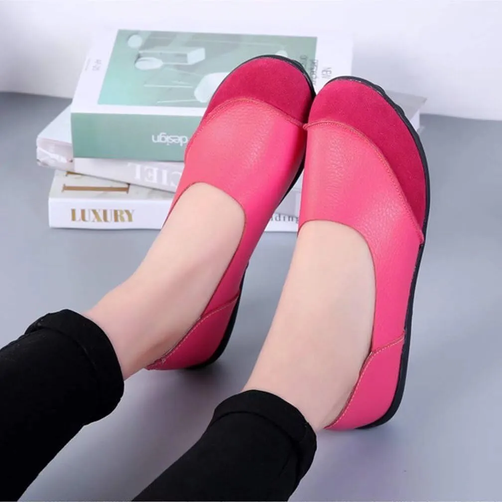 Women's Cowhide Leather Slip-On Moccasins Shoes Flat Slipper Loafers