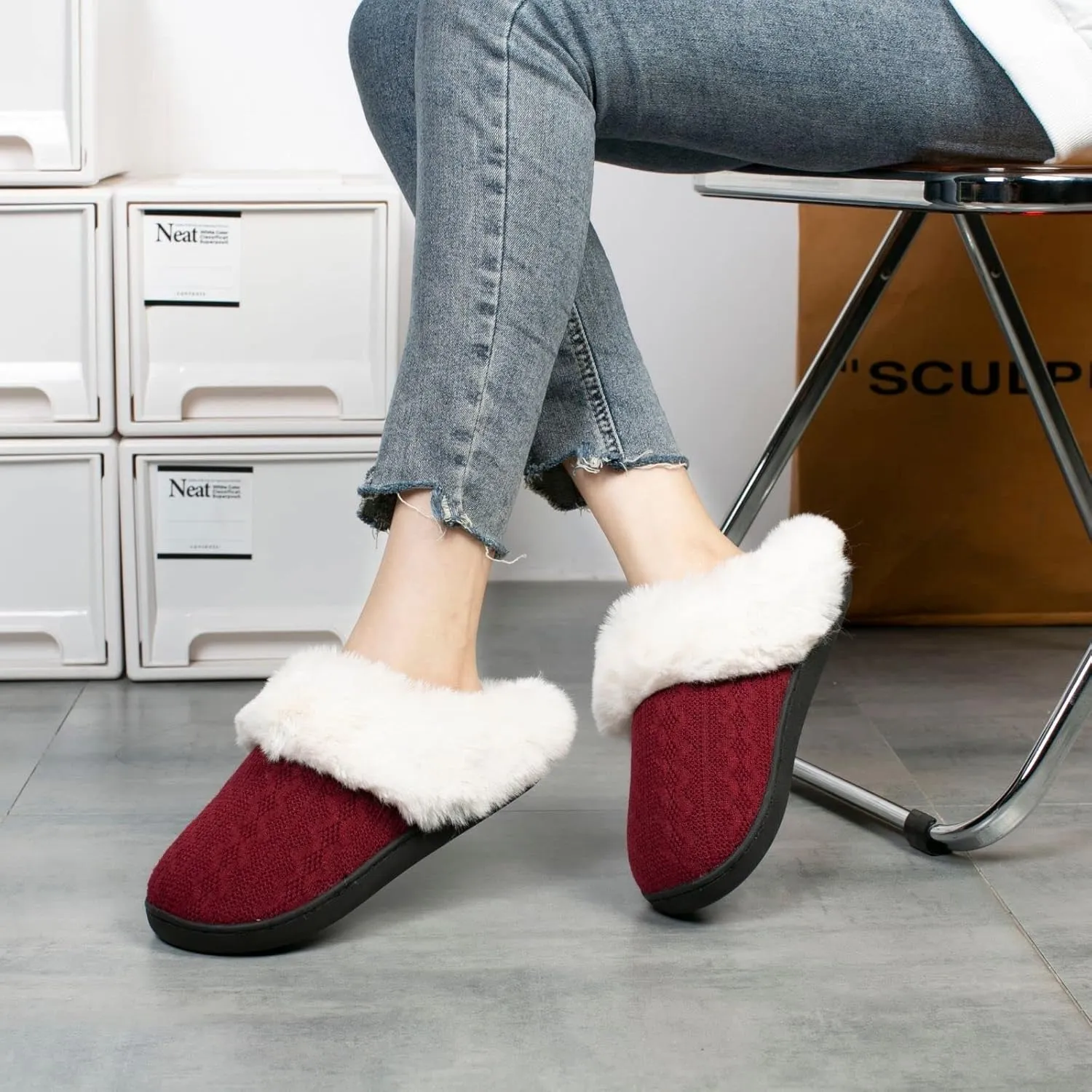 Womens Cozy Fuzzy Plaid House Slippers Memory Foam Slip on Indoor Outdoor