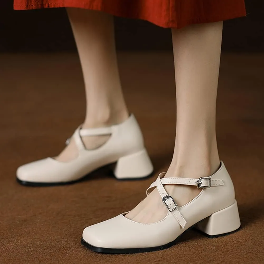 Womens Cross-Tied Court Shoes Square Toe Low Block Heel Pumps