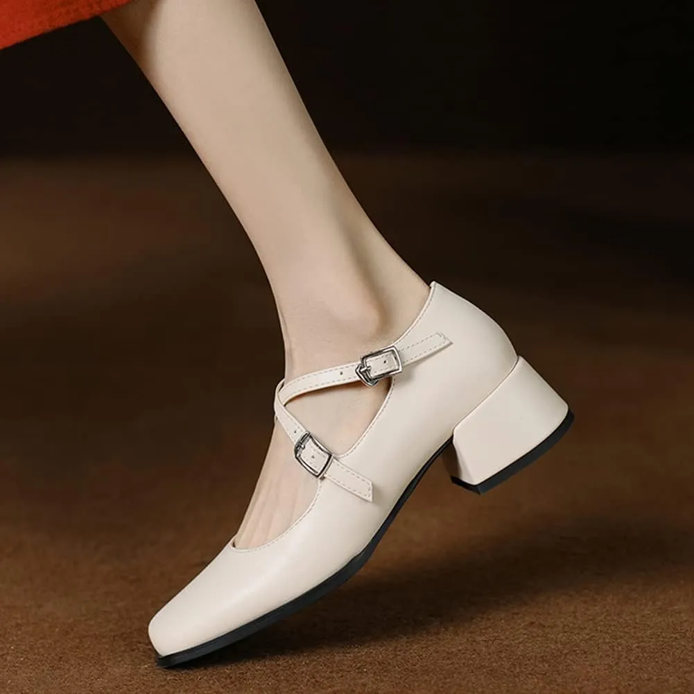 Womens Cross-Tied Court Shoes Square Toe Low Block Heel Pumps