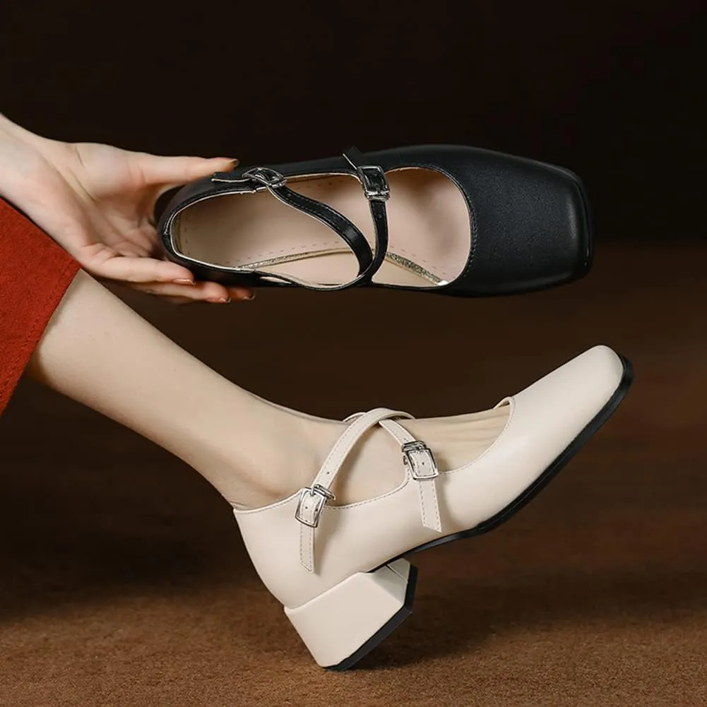 Womens Cross-Tied Court Shoes Square Toe Low Block Heel Pumps