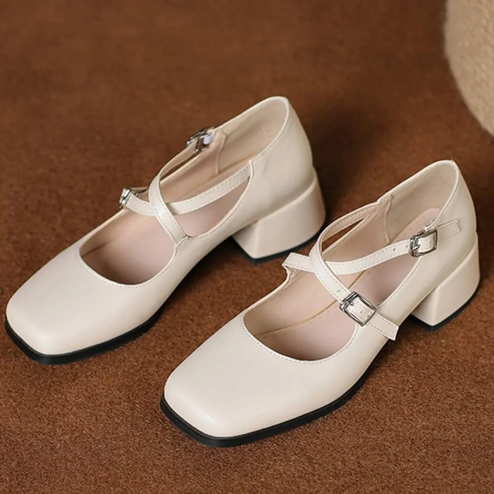 Womens Cross-Tied Court Shoes Square Toe Low Block Heel Pumps