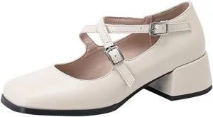 Womens Cross-Tied Court Shoes Square Toe Low Block Heel Pumps