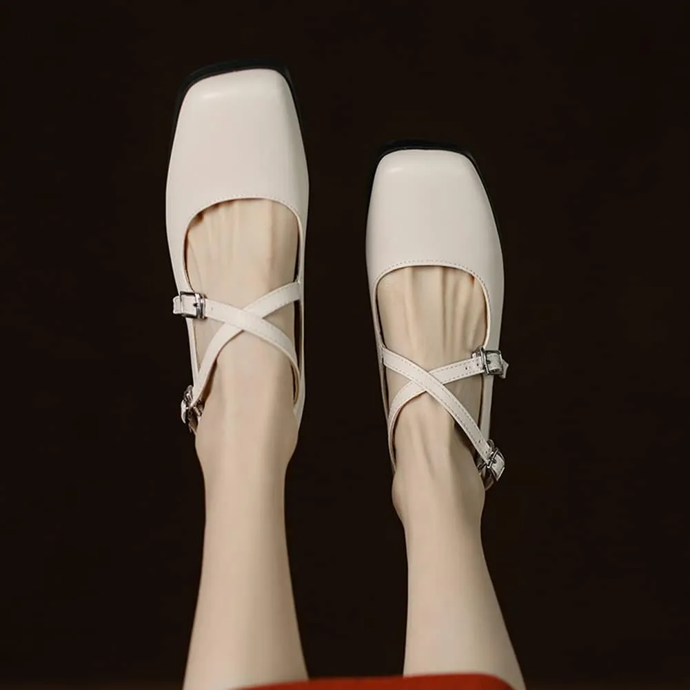 Womens Cross-Tied Court Shoes Square Toe Low Block Heel Pumps