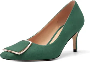 Womens Elegant Pumps, Pointed Toe Heels for Women, Kitten Heel Wedding Shoes, Slip on, Square Buckle, Solid Color, Sexy Stilettos for Ladies 2.5in