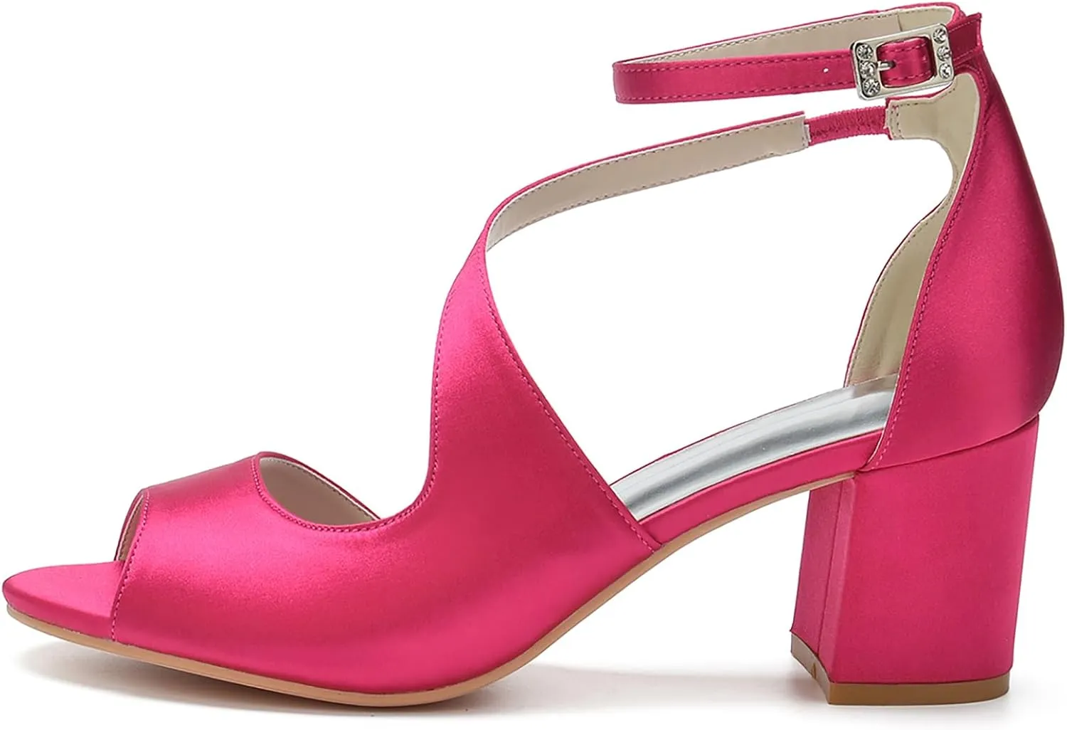 Women's Elegant Satin Chunky Heel Open-Toe Summer Wedding Party Shoes Sandals Adjustable Cross-Strap Crystal Buckle
