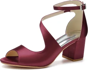 Women's Elegant Satin Chunky Heel Open-Toe Summer Wedding Party Shoes Sandals Adjustable Cross-Strap Crystal Buckle