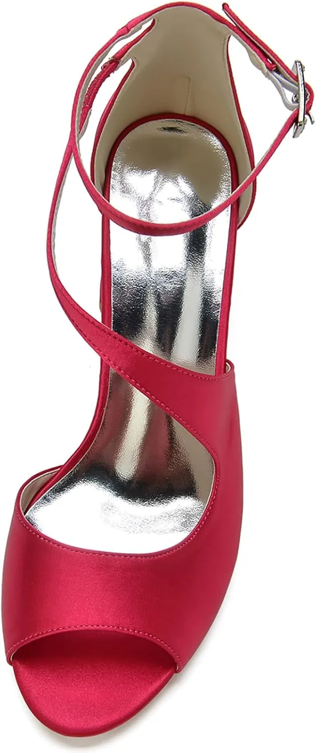 Women's Elegant Satin Chunky Heel Open-Toe Summer Wedding Party Shoes Sandals Adjustable Cross-Strap Crystal Buckle