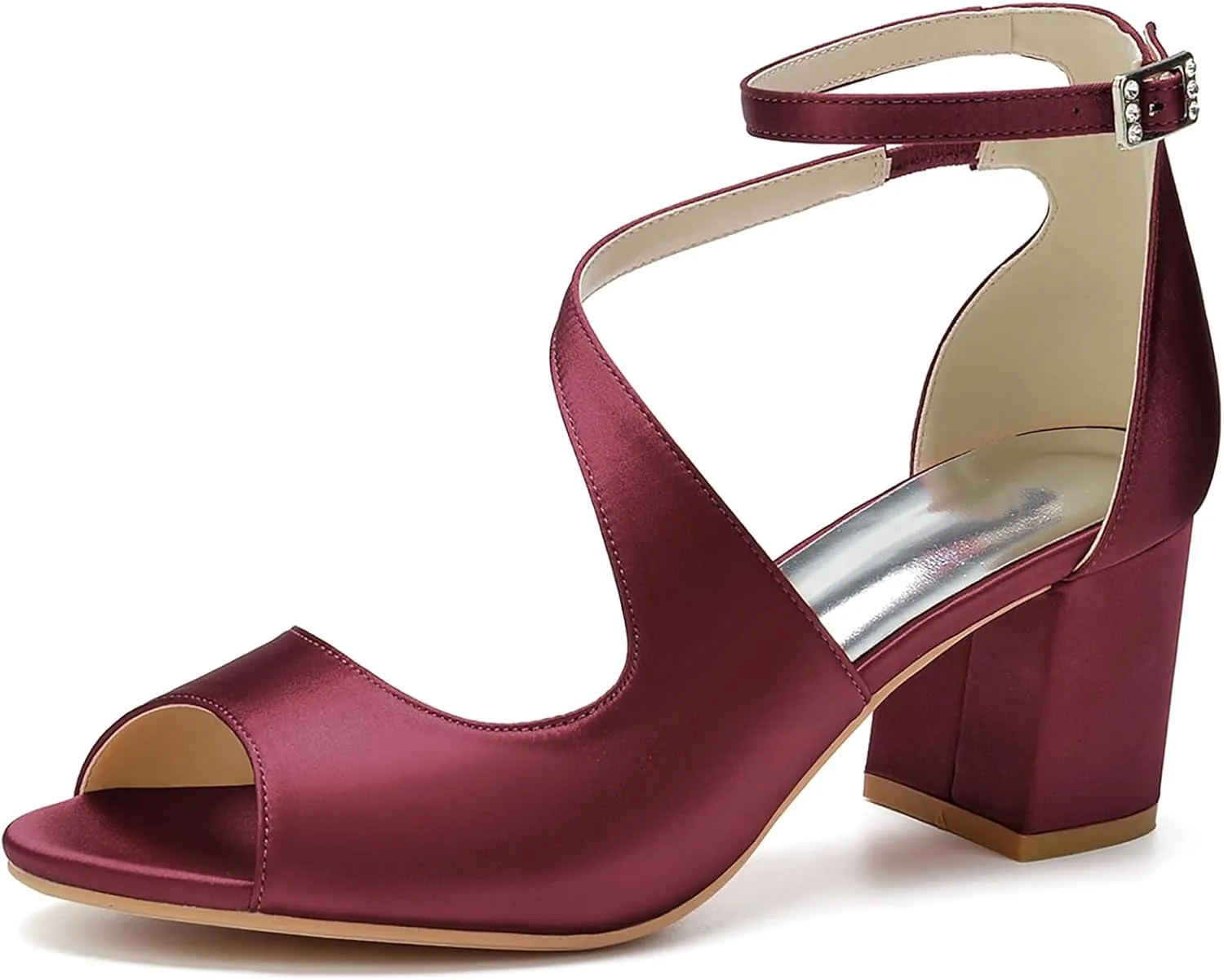 Women's Elegant Satin Chunky Heel Open-Toe Summer Wedding Party Shoes Sandals Adjustable Cross-Strap Crystal Buckle
