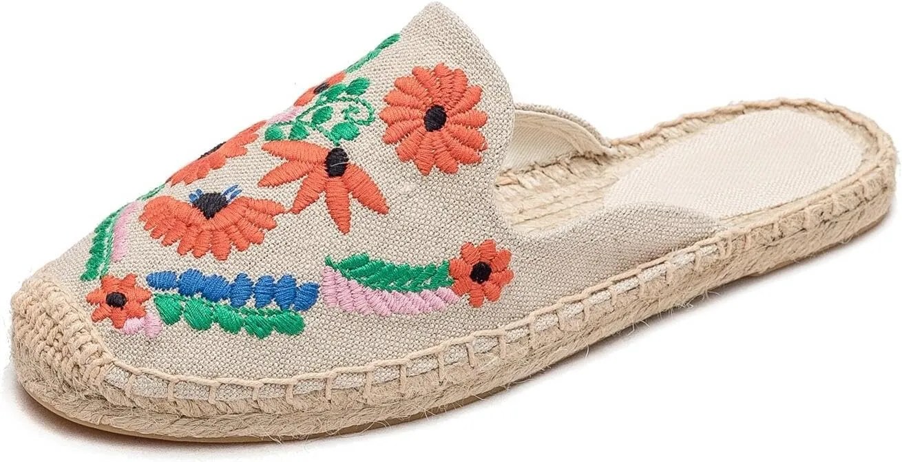 Womens Embroidery Espadrille Mules Flats - Fashion Flats Shoes Comfortable Mule Shoes Breathable Espadrilles Anti-Slip Slipper